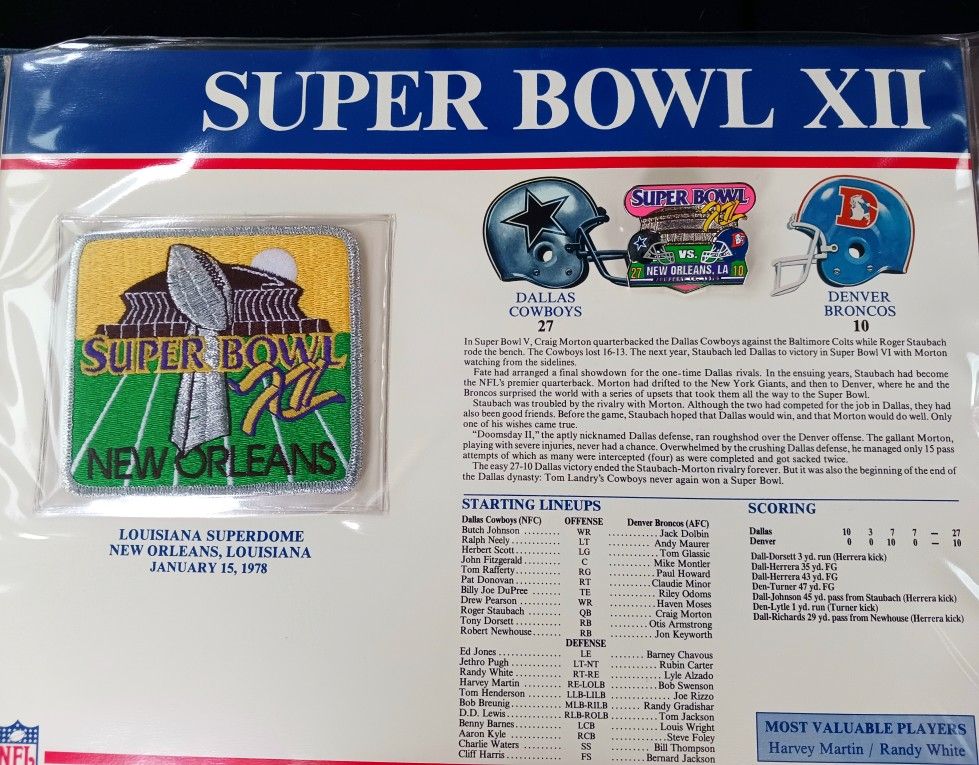 January 15, 1978 Nfl Football Dallas Cowboys Denver Broncos Super Bowl XII (12) Patch 
