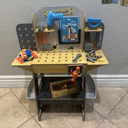 Solid Wood Kid Craft Workbench With Working Drill, Makes Sound And Rotates To Screw In The Bolts