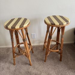 Round Rattan 31 1/2” Bar Stool in Ivory/off White With Brown Tan  Woven Stripe 15” Diameter 