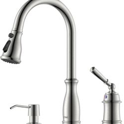 3 Holes Kitchen Sink Faucets with Pull Down Sprayer and Soap Dispenser, 2 Holes Brushed Nickel