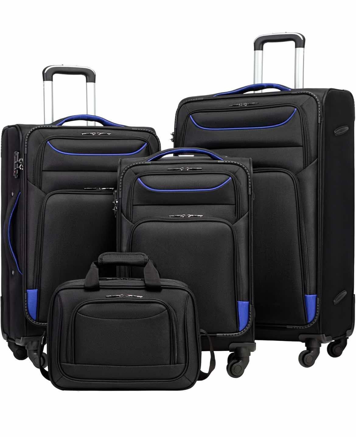 NEW - Luggage 4 Piece Set Suitcase TSA Lock Spinner Softshell lightweight(black+blue)