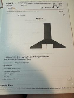 Whirlpool Chimney Wall Mount Range Hood, Black, 36”