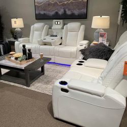 Party Time White LED Power Reclining Living Room Set with Adjustable Headrest /Couch /Sofa and Loveseat