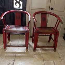 Vintage red Chinese chairs end pair