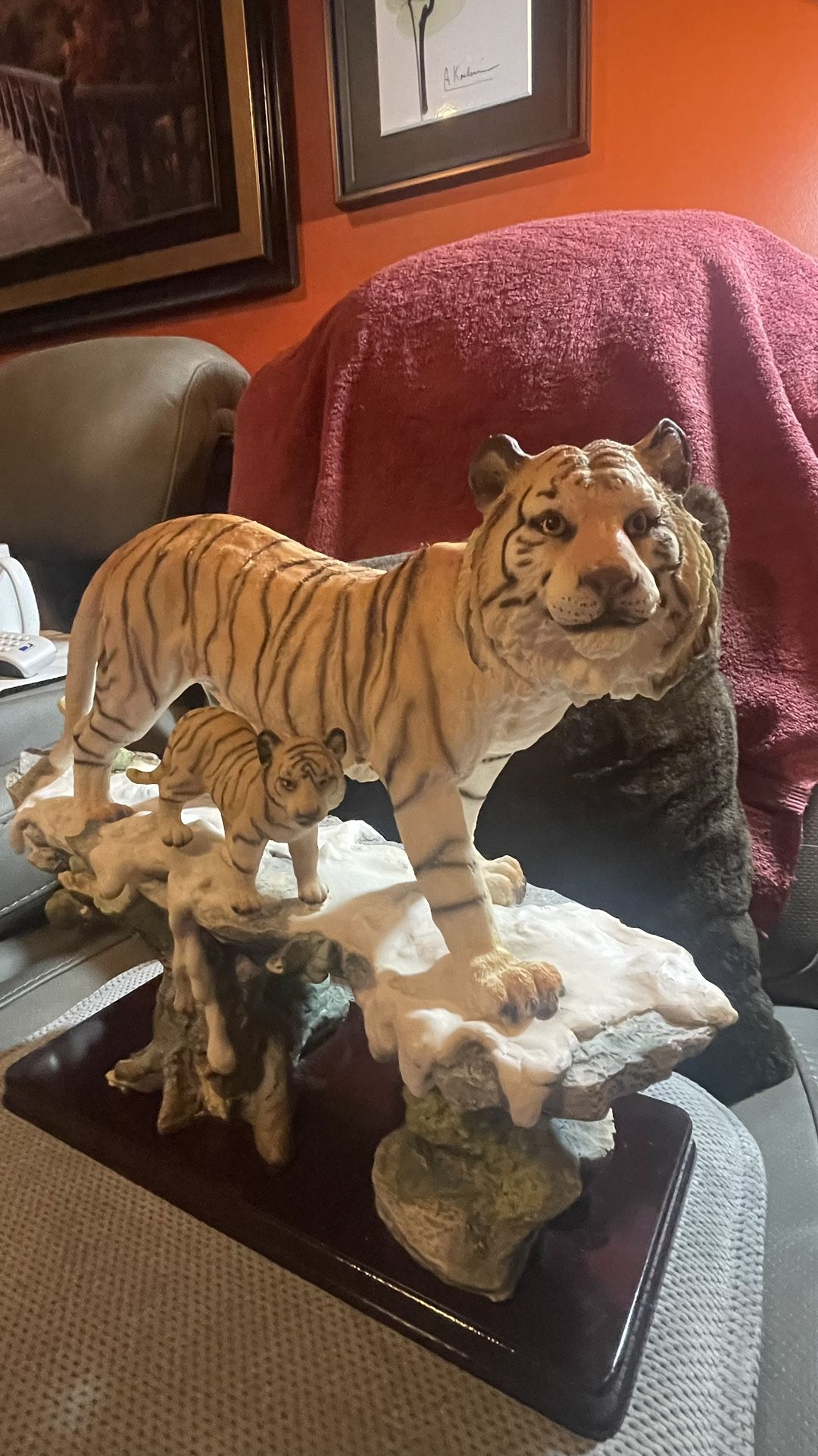 Tiger & Cub Statue 12.5” Tall x 18” Long Acrylic w/Wood Base