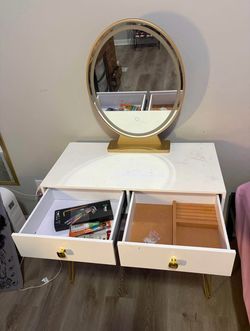 White & Gold Makeup Vanity Desk with LED Lighted Mirror