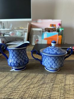 Vintage Blue and White Porcelain Creamer and Sugar Bowl Set