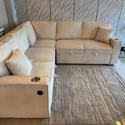 Beige corduroy convertible sofa with pullout Sofa bed 