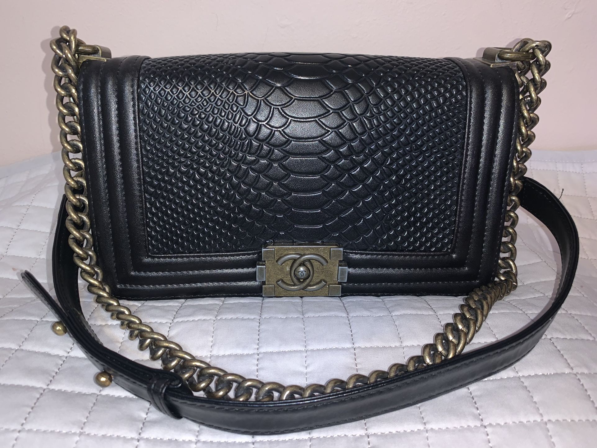 Auth Chanel Black Python leather Boy Bag