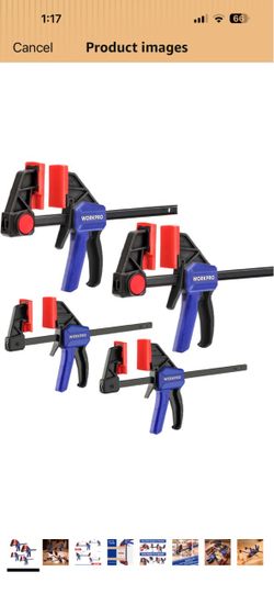 WORKPRO 4-Piece Mini Bar Clamp Set, 6"(2) & 4-1/2"(2) Wood Clamps, Blue One-Handed Clamp/Spreader, Light-Duty Quick-Change F Clamps with 150lbs Load L