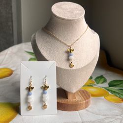 Bee Jewelry Set, White Jade Honey Amber Citrine Blue Jade Teardrop Fun Gift Set