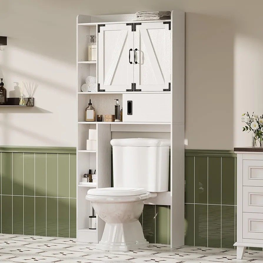 ChooChoo Over The Toilet Storage Cabinet, Farmhouse Bathroom Storage Cabinet with Sliding Door, Over Toilet Storage with Adjustable Shelves, Space-Sav