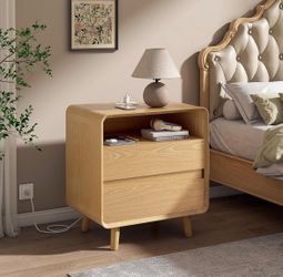 Modern Wood Nightstand w/ Charging Station