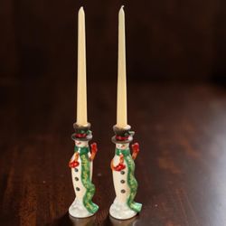 Kurt S. Adler Jolly Holly-days Porcelain Snowman Taper Candle Holders Pair w/ Boxes
