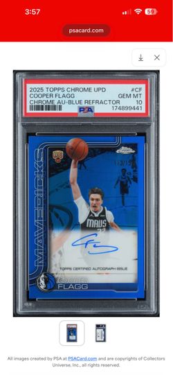 2025 Topps Chrome Update Cooper Flagg Auto Rookie Blue Refractor #113/150 PSA 10!