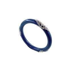 1980s Art Deco Style Bangle Bracelet, S/M, Blue Lucite Plastic, Silver Plated Metal, Filigree Accents, 80s Plastic Jewelry, Vintage Jewelry