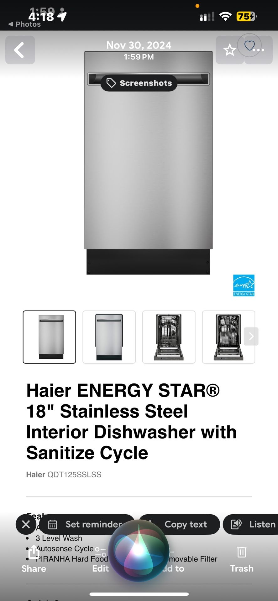Haier  Energy Star 18 ‘  Stainless  Steel  Interior Dishwasher With Sanitize Cycle