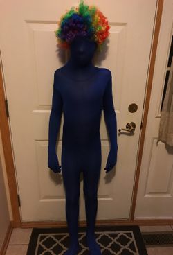 Kids Blue Morphsuit (size 10-12) and rainbow clown wig
