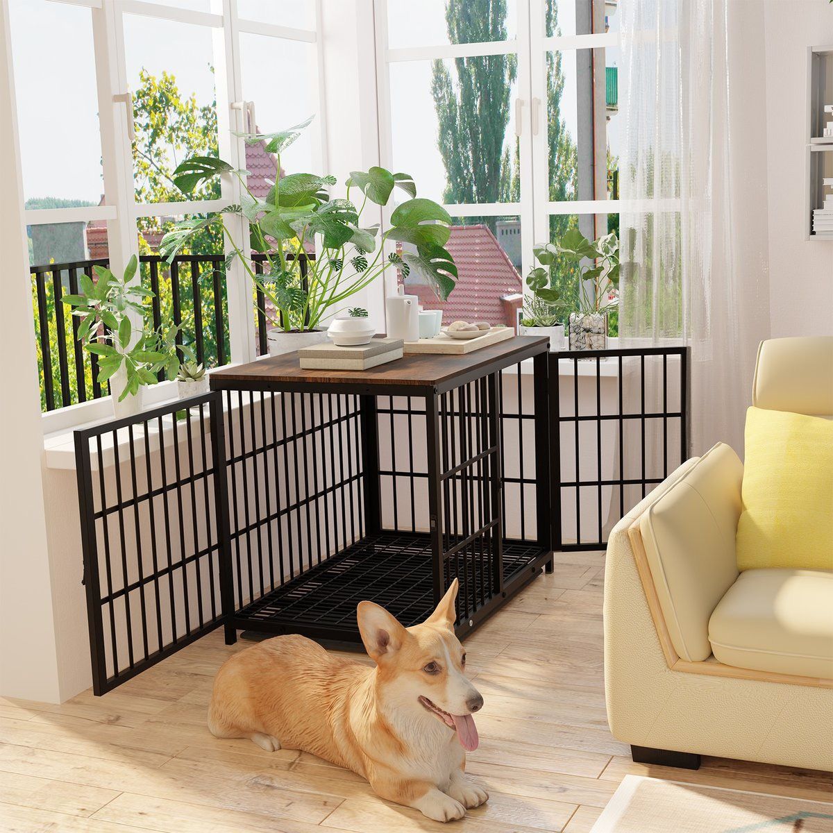 Wooden 3-Door Furniture Style Dog & Cat Crate End Table with Removable Tray, Black, Medium