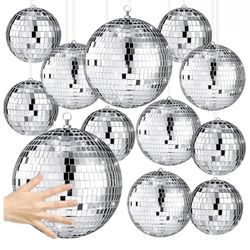 12 Pack Large Disco Ball Decoration Different Sizes Silver Mirror Hang Disco Ball Ornaments 12'', 8'', 6'', 4'')