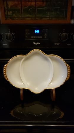 Vintage Milk Glass Divided Dish with Gold Accents