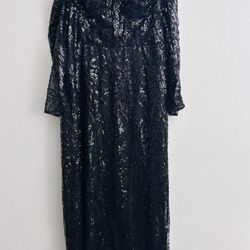 Size 16 Glitter Black Lace /Sequin Straight Off Shoulder Long Sleeves Evening Dress