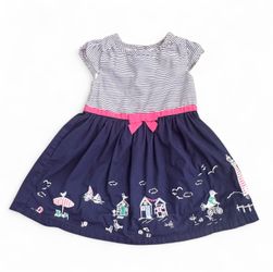Girls Navy Striped Dress with Embroidered Skirt