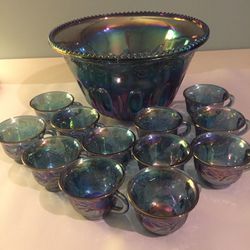Carnival Glass Punch Bowl with 12 Cups, Blue Grapes Design