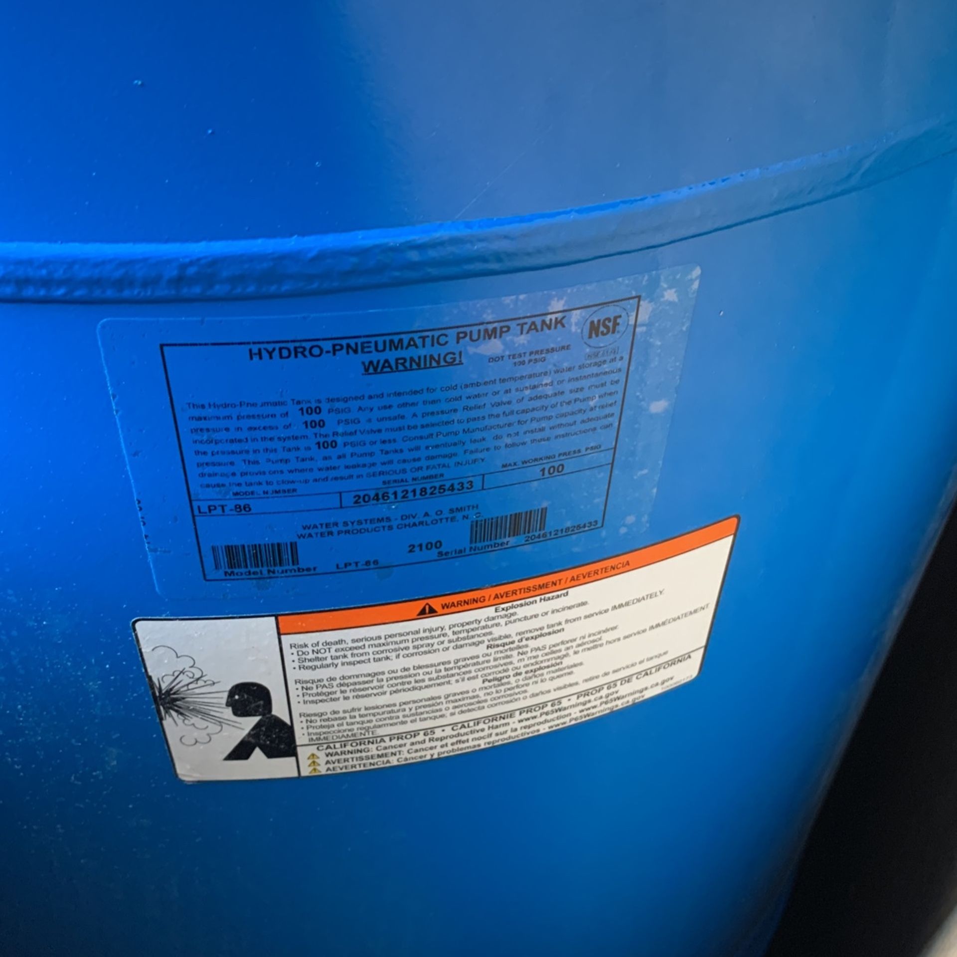 A.O. Smith 86-Gallon Vertical Pressure Tank Item #963327Model #LPT86 for  Sale in Chesapeake, VA - OfferUp