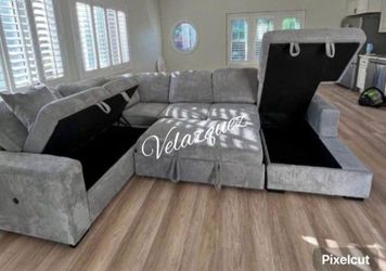 ✅️✅️4 pc Grey  corduroy fabric sectional sofa with storage chaise and love seat and pop up sleep area in center USB charging✅️✅️
