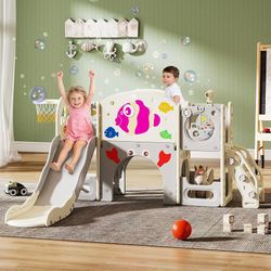 8-in-1 Toddler Indoor Outdoor Playground Playset with Slide, Climber & Basketball Hoop - in box.