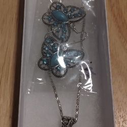 Vintage Turquoise Butterfly Rhinestones Necklace/ Drop Earrings Set Silver Color Charm  $15