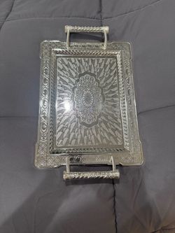 Vintage Ornate Silver-Plated Serving Tray with Handles - 18" x 13.5"
