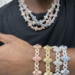 Flower 4 Leaf Clover Iced Out Premium Quality Chains & Bracelet Rose Gold Gold | Pink | Silver| Blue