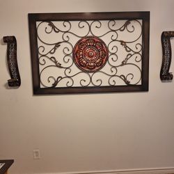 2 WALL CANDLE HOLDERS AND LARGE METAL FRAME DECOR $70.00