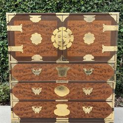 Asian Burl Wood & Brass Korean Tansu Style Wedding Chest/Dresser
