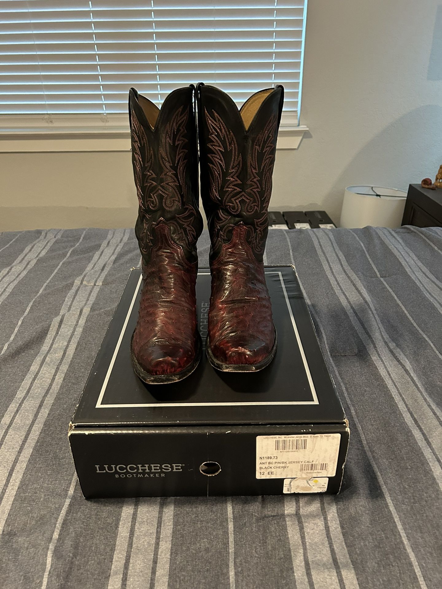 Lucchese Elgin Ostrich Boots Black Cherry Size 12EE