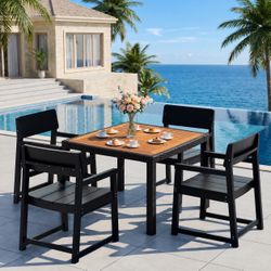 New HDPE 5-Piece Patio Dining Set for 4, Acacia Outdoor Dining Table with 35.4-Inch Acacia Wood Top and Wicker-Wrapped Steel Frame, 4 Black HDPE Armch