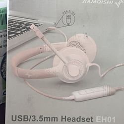 Headphones with Noise Cancelling Mic in-line Control for Home Office Online Class Zoom (USB+3.5mm, Pink