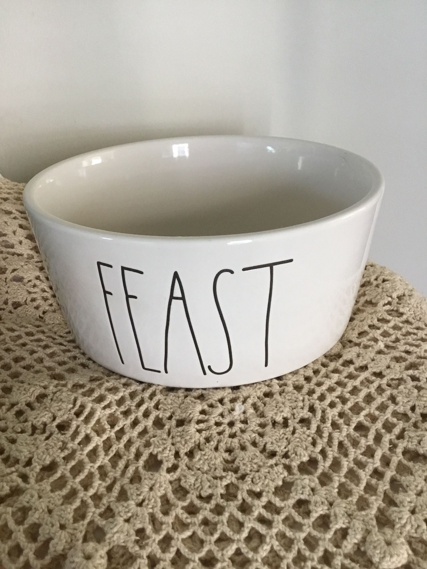 Rae Dunn dog bowl feast in large letters on the front ceramic never used
