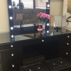 Black Vanity Desk & LED Mirror ** Also Available In White $799** 