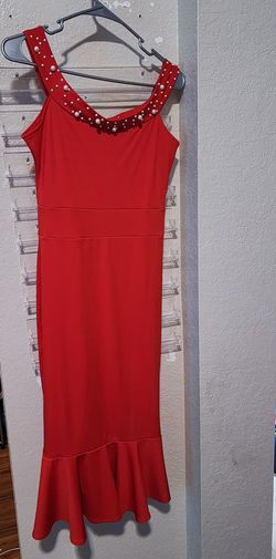 Red Pearl-Embellished Midi Bodycon Dress