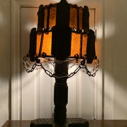 Antique Spanish Wrought Iron With Wood Panels & Draping Chains Table Lamp