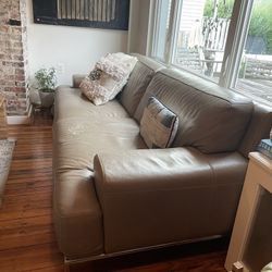 Bloomingdale’s Brand Taupe Leather Couch 91” ,