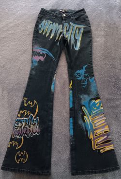 Women's Dolls Kill × DC Comics Graffiti Bell Bottom Wide Leg Jean's 
