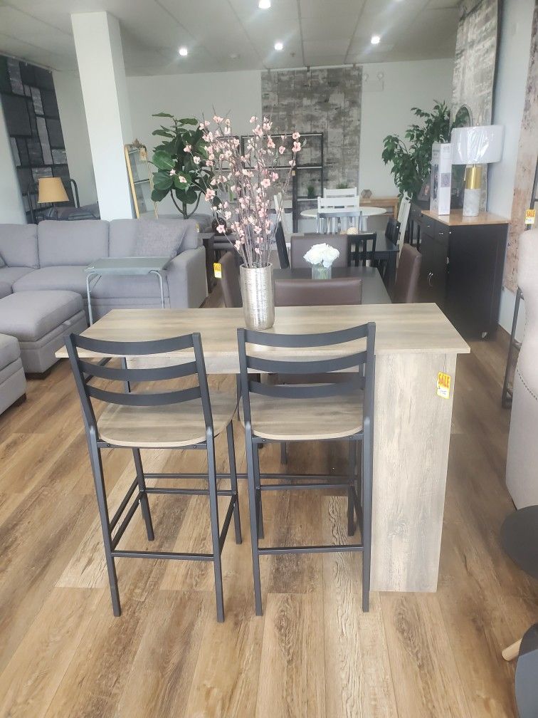 High Top 3 Piece Drop Leaf Counter Table Dining Set with Storage, Grey Wash(New In A Box)