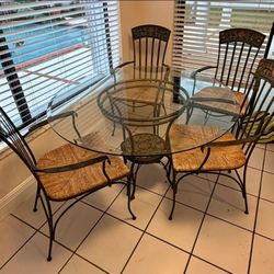 Round Dining Table Metal Glass 4 Chairs