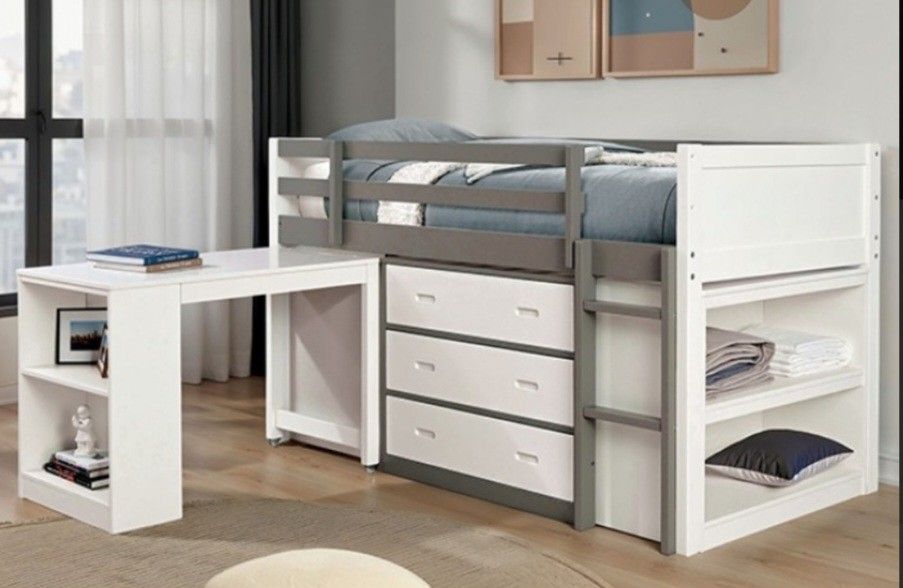 Brand New White & Grey Twin Size Loft Bed w Desk