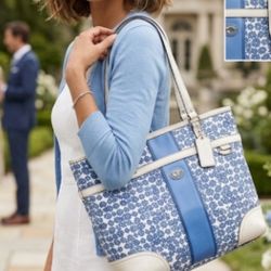 RARE Coach Chelsea Heritage Signature Stripe Tote Blue White F15137 Silver Medallion - Coastal