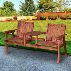 Patio Wooden Double Chair Garden Bench with Middle Table & Natural Weather-Fighting Materials